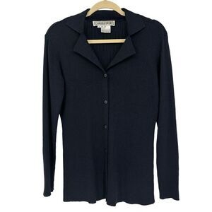Carlise Sport Wool Silk Blend Ribbed Button Front Cardigan Sweater Blue Medium